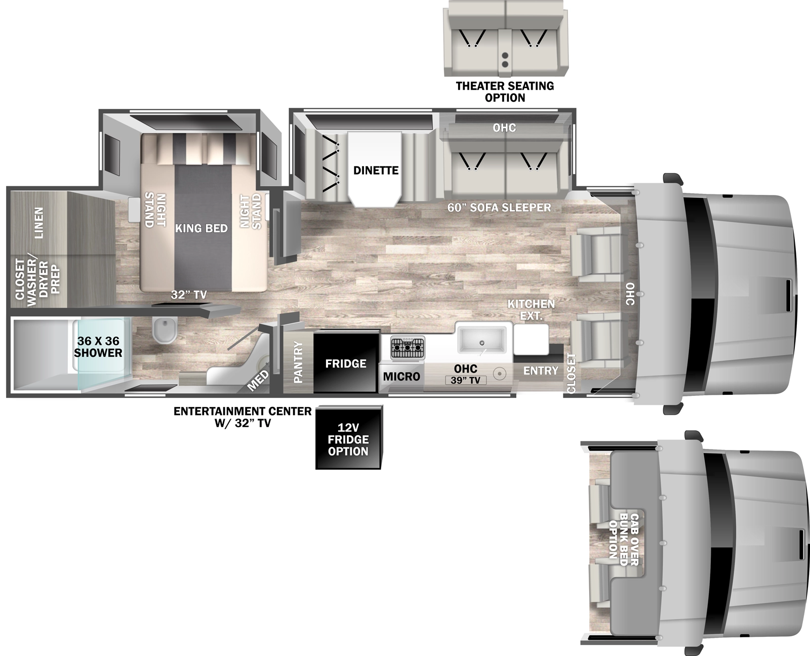 The 31SS has two slideouts and one entry. Exterior features an exterior entertainment center with TV. Interior layout front to back: cockpit with overhead cabinets (optional cabover bunk bed); off-door side slideout with sofa sleeper (optional theater seating), overhead cabinets and dinette; door side closet, entry, kitchen counter with extension, sink, overhead cabinet, TV, microwave, cooktop, refrigerator (optional 12V refrigerator), and pantry; rear off-door side king bed slideout with night stand on either side, TV on the wall at foot of the bed, and rear linen closet, and closet with washer/dryer prep; rear door side full bathroom with medicine cabinet.